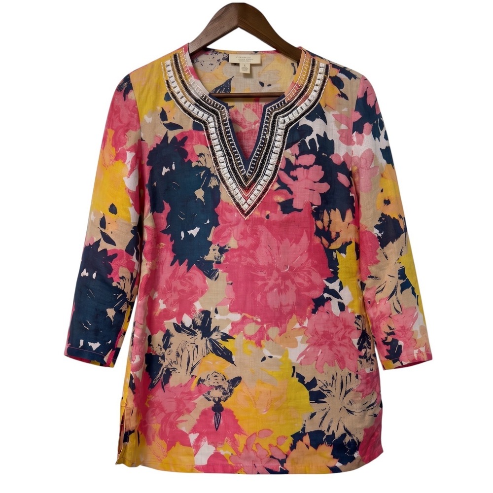 Charter Club Tunic Top Women S Floral 100% Linen Beaded Boho Top Feminine Resort